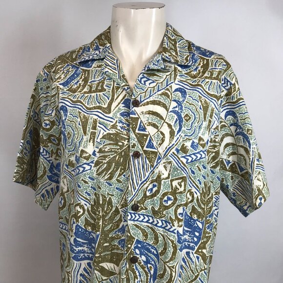 GO BAREFOOT - MEN'S XL - GREEN/BROWN SHORT SLEEVE BUTTON COLLARED HAWAIIAN SHIRT - Picture 2 of 7